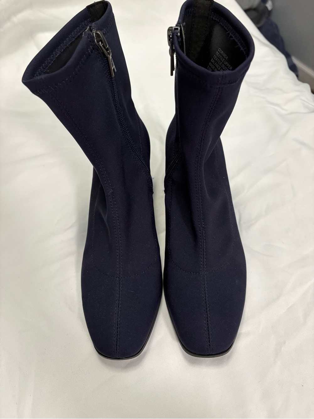 AEROSOLES Navy Stretch Sock Heeled Booties with Side Zip